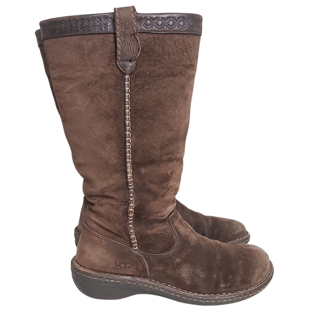 UGG Brown Leather Sheepskin Boots Women Size 7 Slouchy Pullon Cozy Winter Shoes - Picture 2 of 15